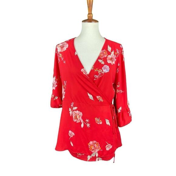 Pleione Coral Pink Wrap Blouse Floral Print Women Medium Ruffle Sleeve Flowy - Picture 8 of 13